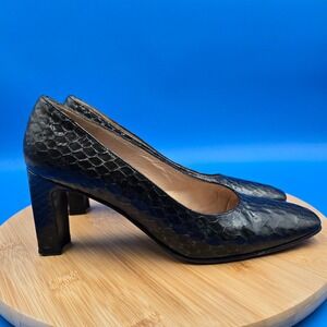 Stuart Weitzman Black Snake Embossed Block Heel Pumps Square Toe 9 AAA Narrow
